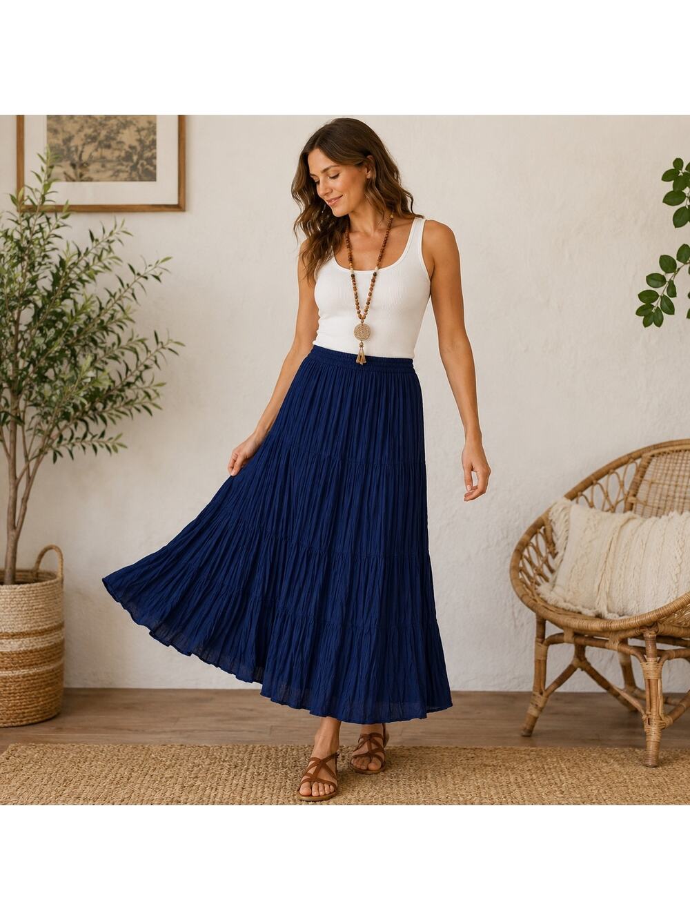 Scott Taylor Crinkle Maxi Skirt Navy Tiered Boho 90s Elastic Waist Vintage